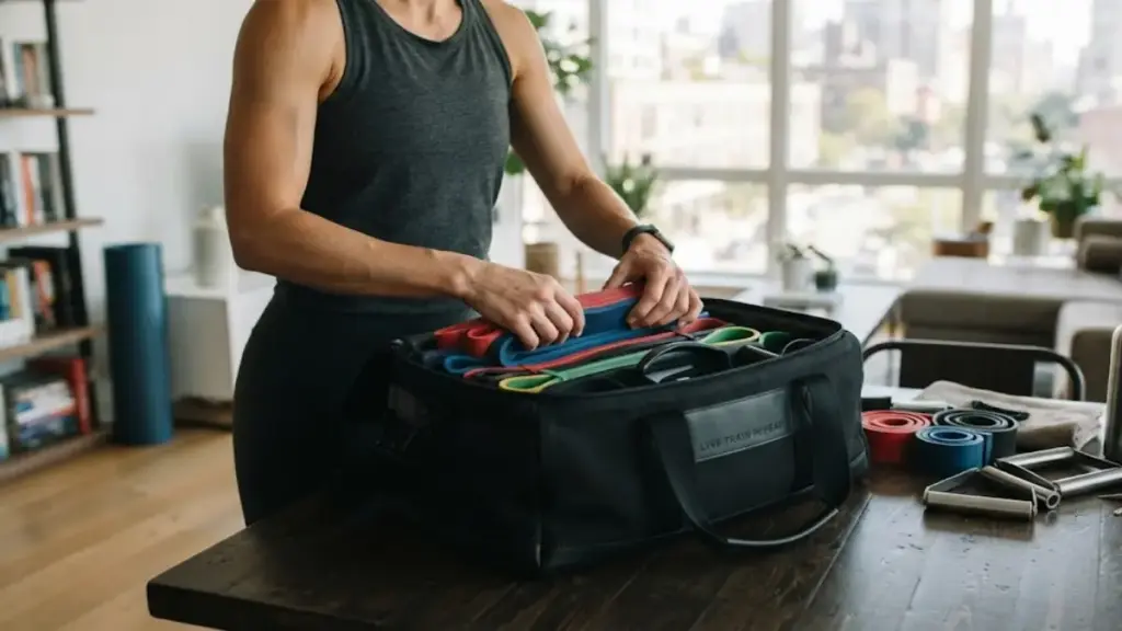athlete-organizing-resistance-bands-in-a-gym-bag-thecouch