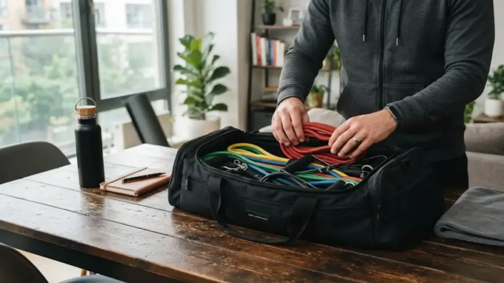 athlete-organizing-resistance-bands-in-a-gym-bag