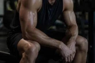 athlete resting arms on knees after heavy muscle pump set