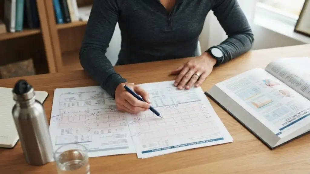 athlete-reviewing-a-clinical-cardiology-report-next-to-a-manual