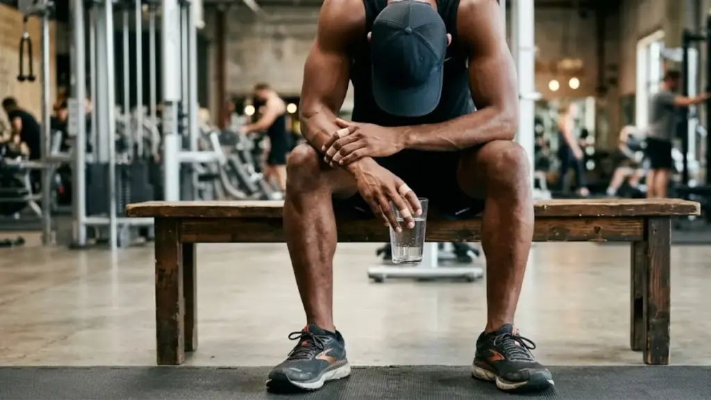 athlete-sitting-on-a-wooden-bench-holding-a-glass-of-water