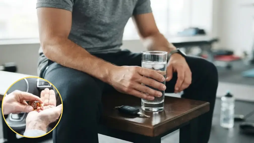 athlete-sitting-quietly-on-a-bench-holding-a-glass-of-water-near-car-keys-akl