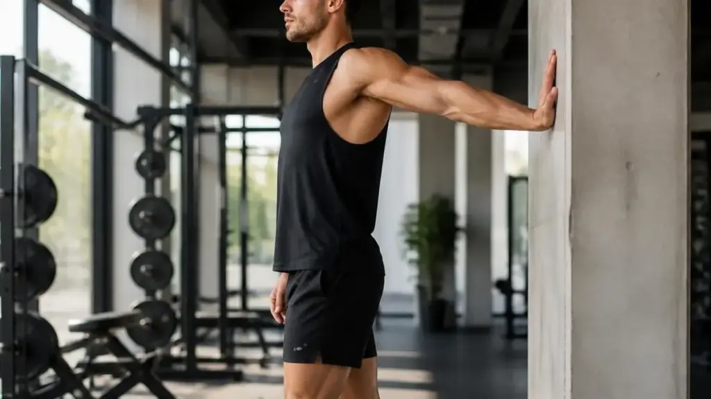 athlete-stretching-against-gym-wall-for-muscle-pump-relief