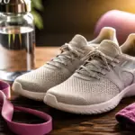 athletic shoes placed next to a resistance band on a table