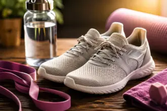 athletic shoes placed next to a resistance band on a table
