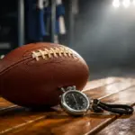 authentic leather football and stopwatch on a locker room bench