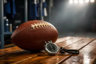 authentic leather football and stopwatch on a locker room bench
