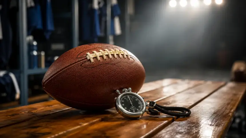 authentic leather football and stopwatch on a locker room bench