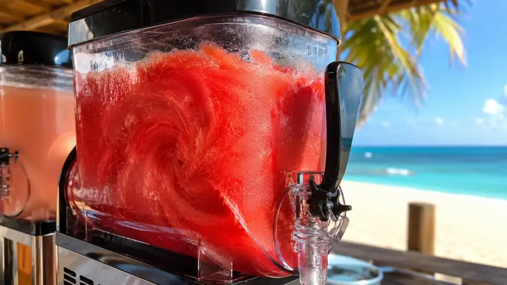automated-beachfront-slush-machine-dispensing-bright-frozen-beverage-mixes-for-summer-cocktail-drinks