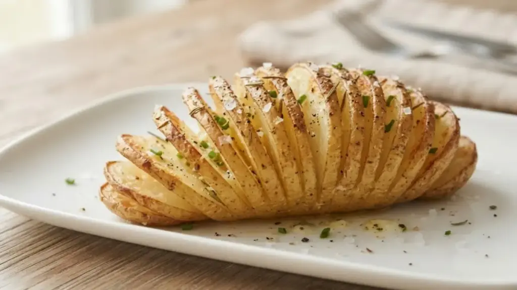 baked-accordion-hasselback-potato-arranged-on-a-white-platter-for-cheap-food-meals