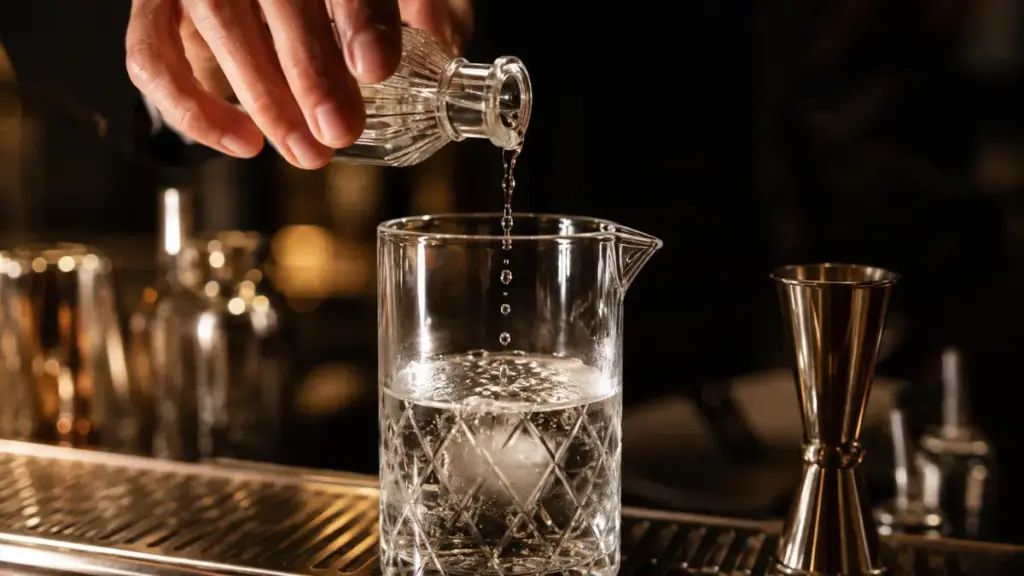 bartender-pouring-botanical-extracts-into-gin-inside-a-clear-mixing-glass-ukl