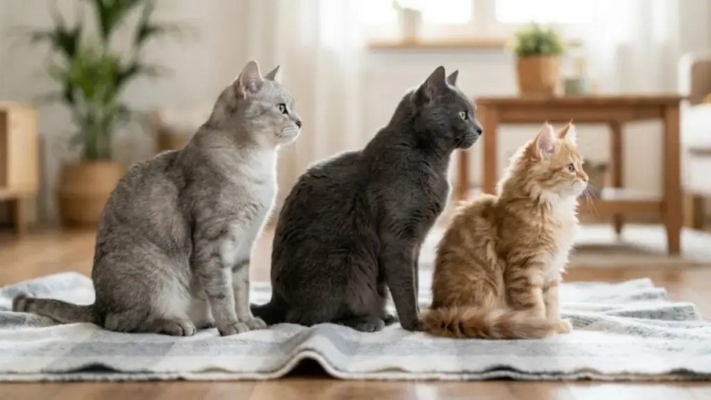 beautiful-long-haired-feline-kitten-sitting-beside-its-short-haired-parents