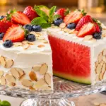 beautifully frosted no bake fruit pastry representing a perfect water melon cake