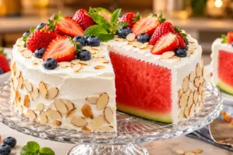 beautifully frosted no bake fruit pastry representing a perfect water melon cake