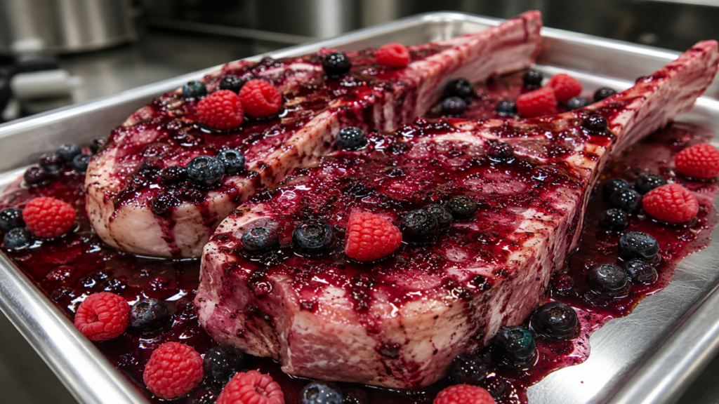 Thick tomahawk pork ribs coated in berry reduction for the ultimate food for cookout menu selection