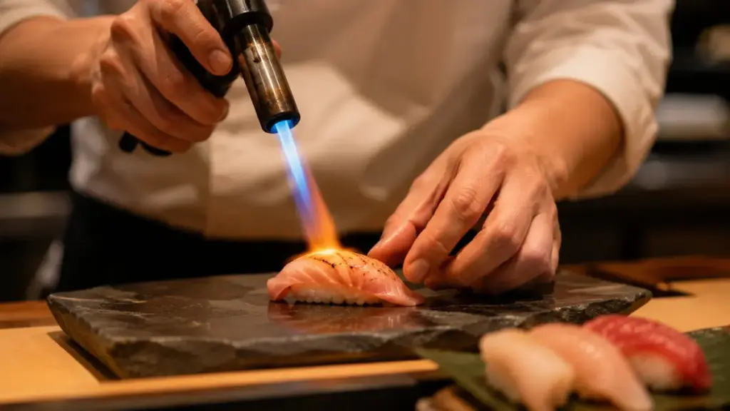 best-restaurants-new-york-sushi-chef-torching-nigiri