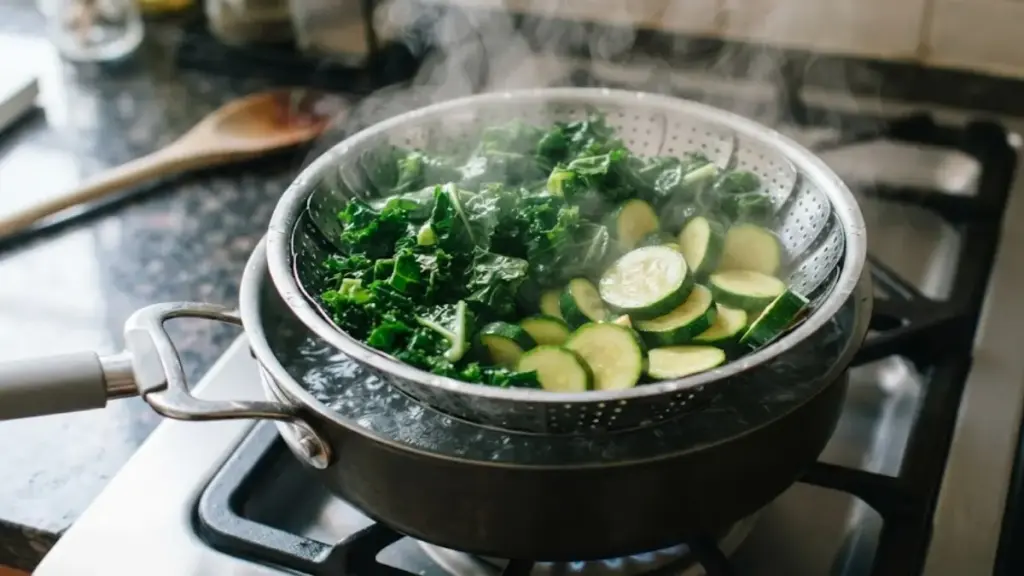 blanched-green-kale-and-zucchini-slices-in-a-steamer-basket