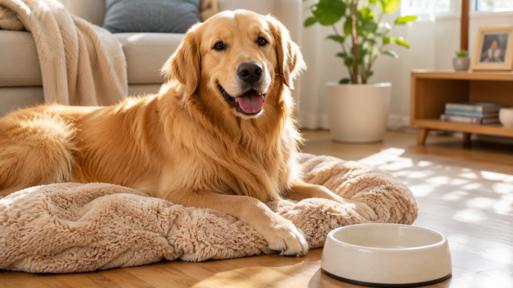 healthy-golden-retriever-resting-empty-bowl-bland-diet-for-dogs-with-diarrhea