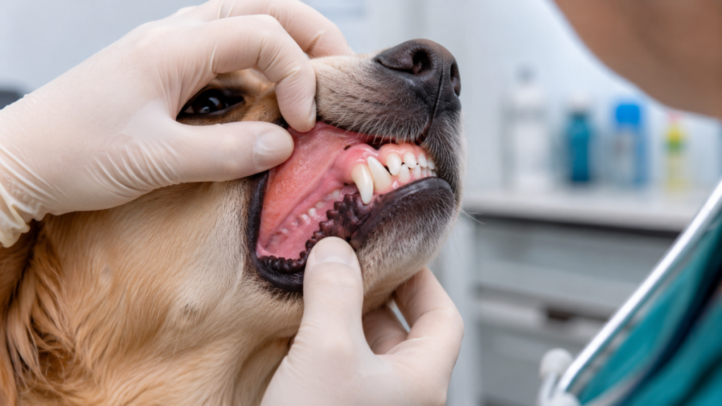 veterinarian-inspecting-dog-gums-oral-tissues-bland-diet-for-dogs-with-diarrhea
