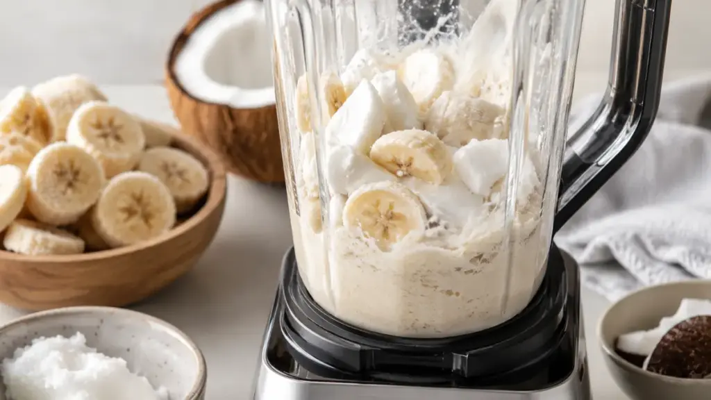 blending-frozen-bananas-and-coconut-cream-in-a-glass-jar
