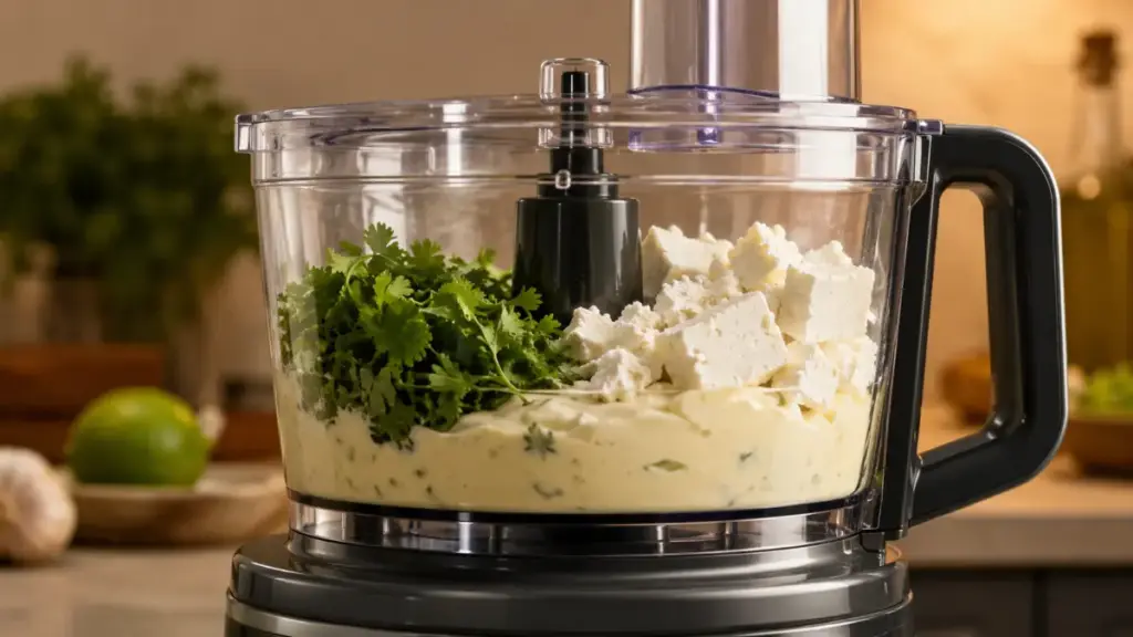 blending-mayonnaise-and-greek-yogurt-bases-with-cotija-cheese-in-a-peruvian-green-sauce-recipe