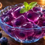blue bowl of blueberry collagen jelly on a wooden table