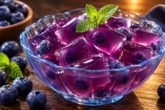 blue bowl of blueberry collagen jelly on a wooden table
