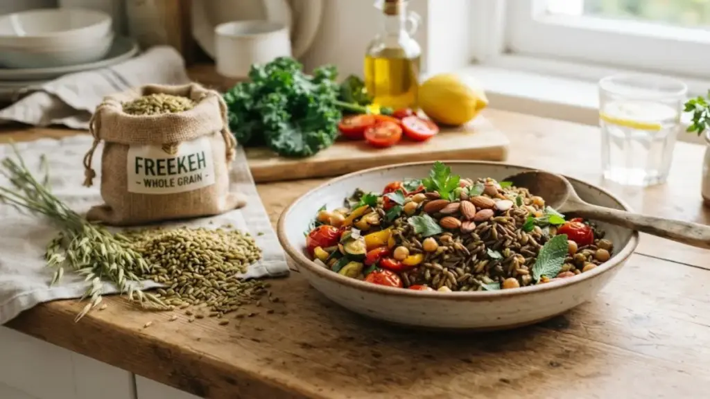 bowl-of-freekeh-and-brown-rice-on-kitchen-table-for-digestive-wellness