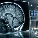 brain mri scan resting on a glass desk next to a water glass