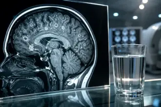 brain mri scan resting on a glass desk next to a water glass