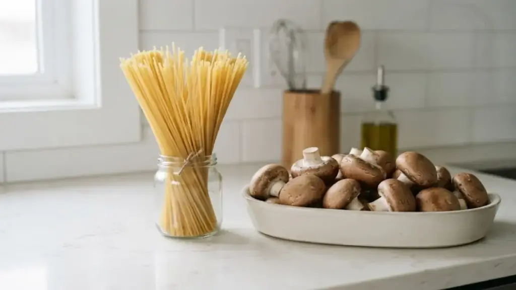 budget-dry-pasta-strands-arranged-with-whole-mushrooms-to-evaluate-cheap-food-meals