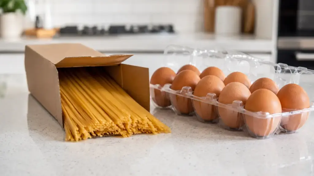 budget-dry-spaghetti-pack-arranged-with-fresh-eggs-to-evaluate-cheap-dinner-ideas