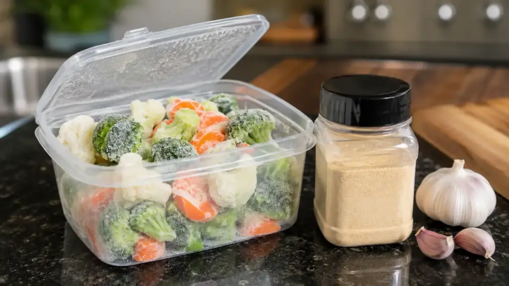 budget-frozen-vegetables-pack-arranged-with-garlic-powder-to-evaluate-easy-prepared-meals