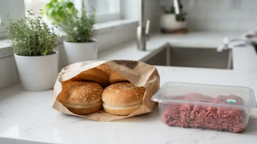 budget-hamburger-buns-arranged-with-ground-beef-to-evaluate-sloppyjoe-recipes