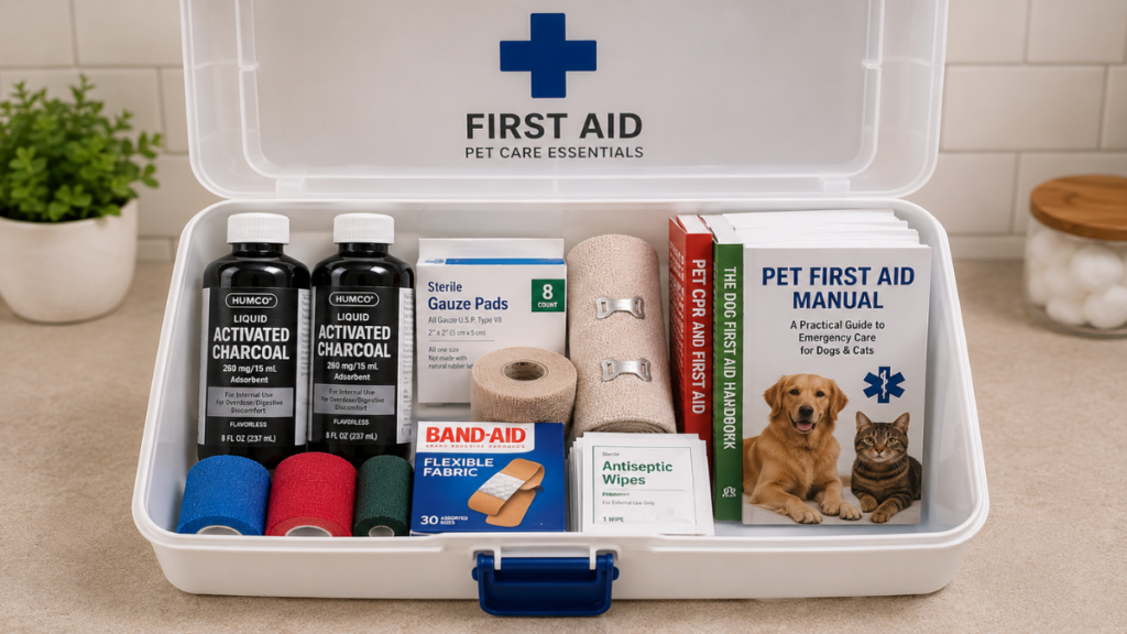 Pet first aid assembly for the emergency clinical protocol when training a dog with treats causing toxicity manual