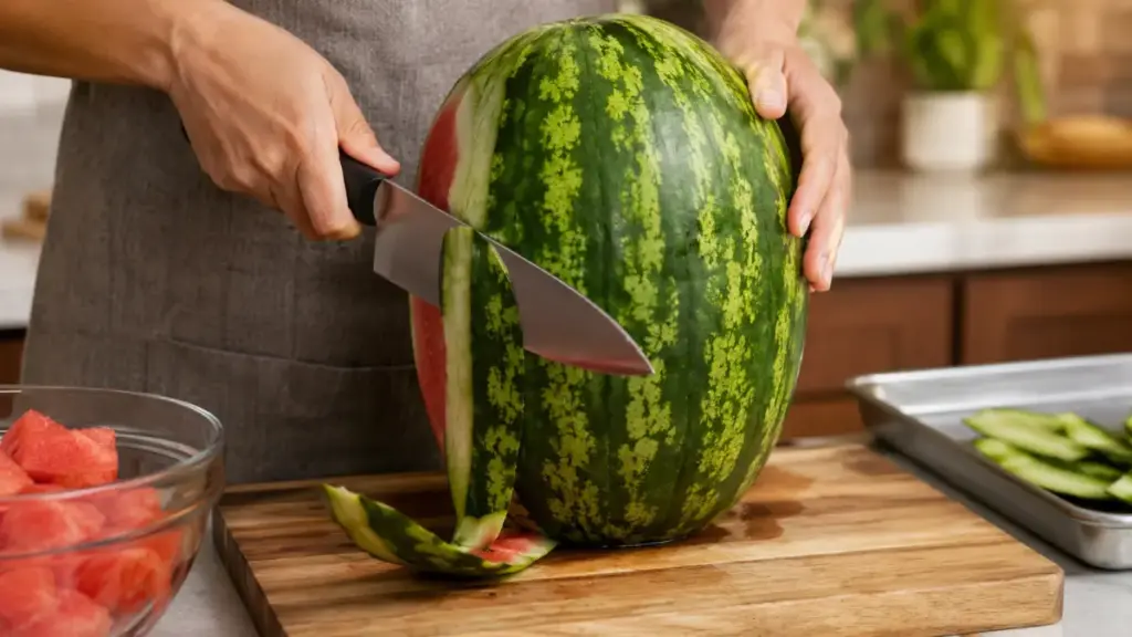 carving-a-large-seedless-watermelon-into-a-cylinder-for-a-water-melon-cake