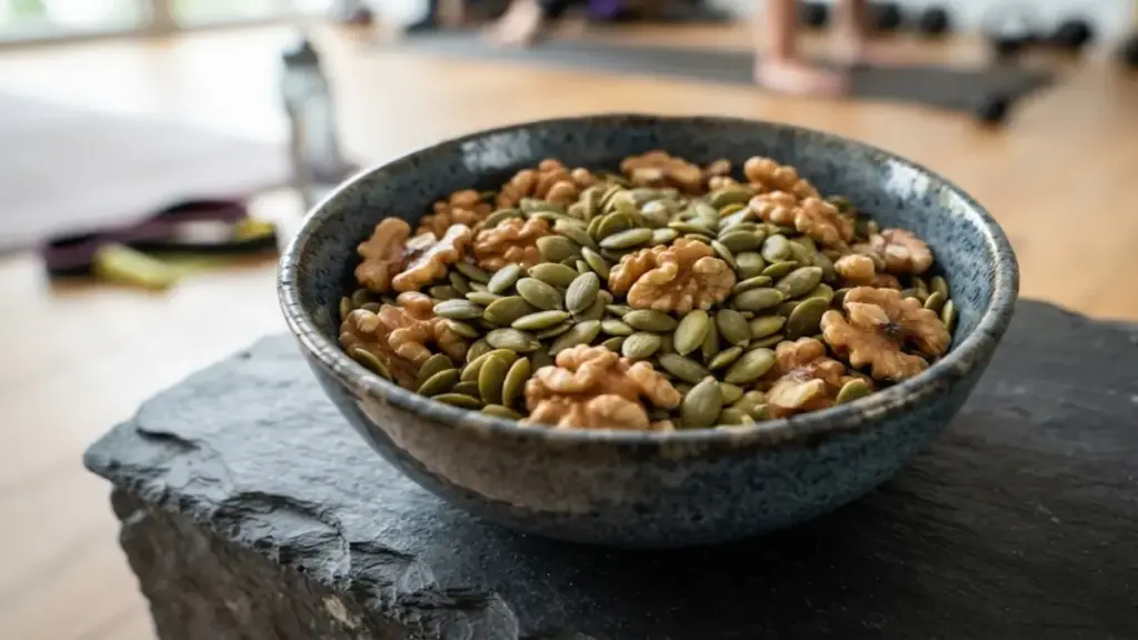 ceramic-bowl-of-raw-walnuts-and-pumpkin-seeds-for-group-fitness-goals