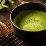 ceramic bowl of vibrant green matcha tea on a bamboo mat