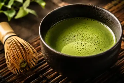 ceramic bowl of vibrant green matcha tea on a bamboo mat