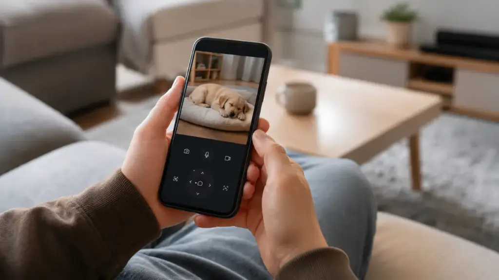 checking-an-apartment-pet-camera-feed-on-a-smartphone-to-monitor-canine-behavior