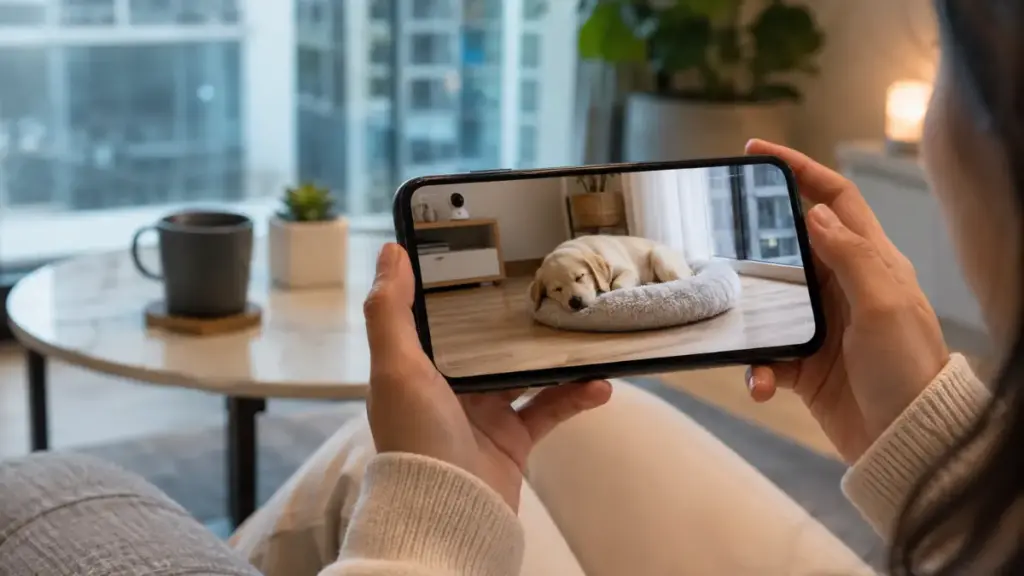 checking-an-apartment-pet-camera-feed-on-a-smartphone-to-monitor-canine-behavior