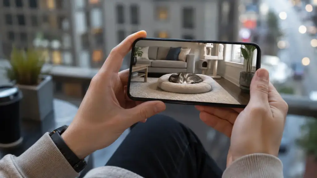 checking-an-apartment-pet-camera-feed-on-a-smartphone-to-monitor-canine-behavior