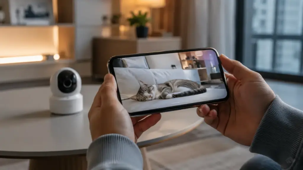 checking-an-apartment-pet-camera-feed-on-a-smartphone-to-monitor-canine-behavior