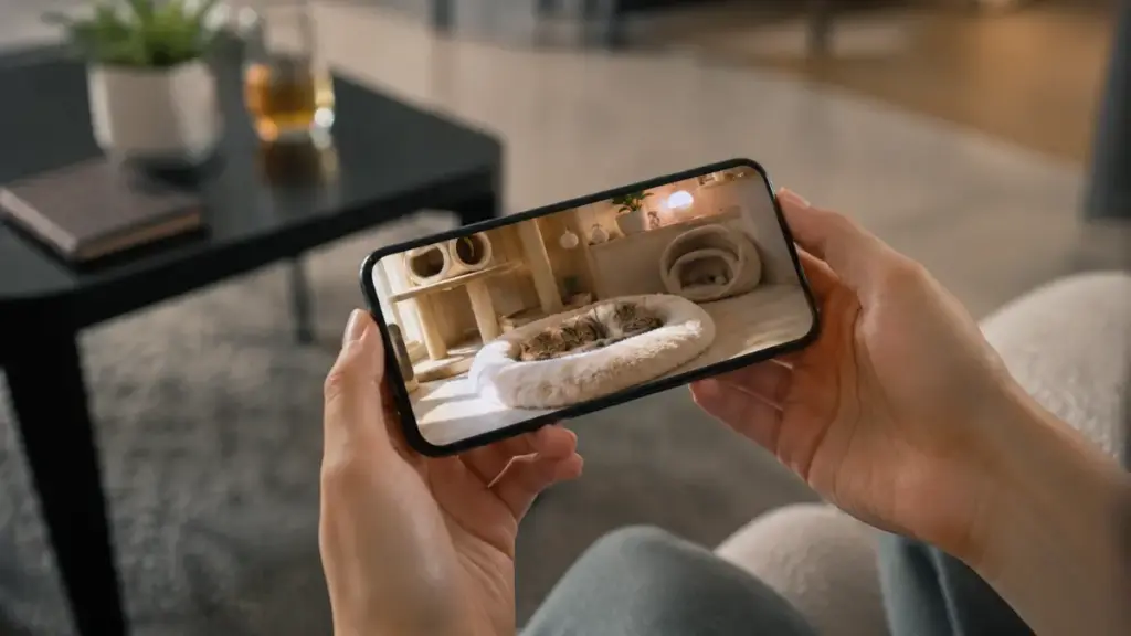 checking-an-apartment-pet-camera-feed-on-a-smartphone-to-monitor-canine-behavior-for-kitty-litter