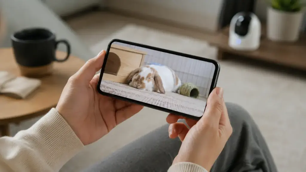checking-an-apartment-pet-camera-feed-on-a-smartphone-to-monitor-canine-behavior