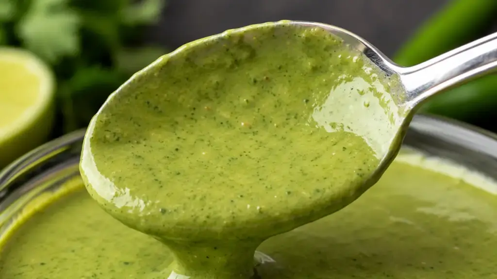 checking-sauce-viscosity-using-the-spoon-back-coating-test-for-a-peruvian-green-sauce-recipe