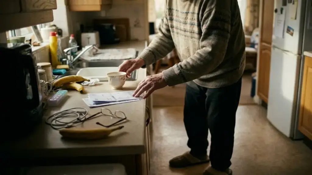 senior-man-looking-confused-at-documents-on-kitchen-counter-from-physical-activity-dementia
