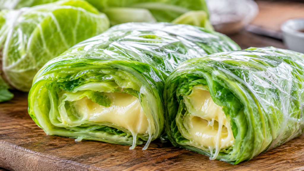  Multi-layer cheese stuffed cabbage rolls prepared as a healthy option for food for cookout events