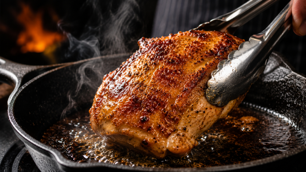 chef-flipping-golden-sizzling-chicken-thigh-in-skillet-chicken-recipe-easy-quick