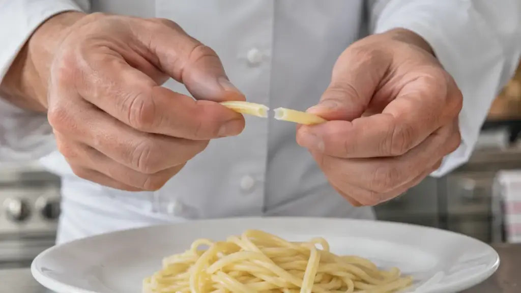 chef-inspecting-the-firm-internal-core-of-a-boiled-pasta-strand-for-al-dente